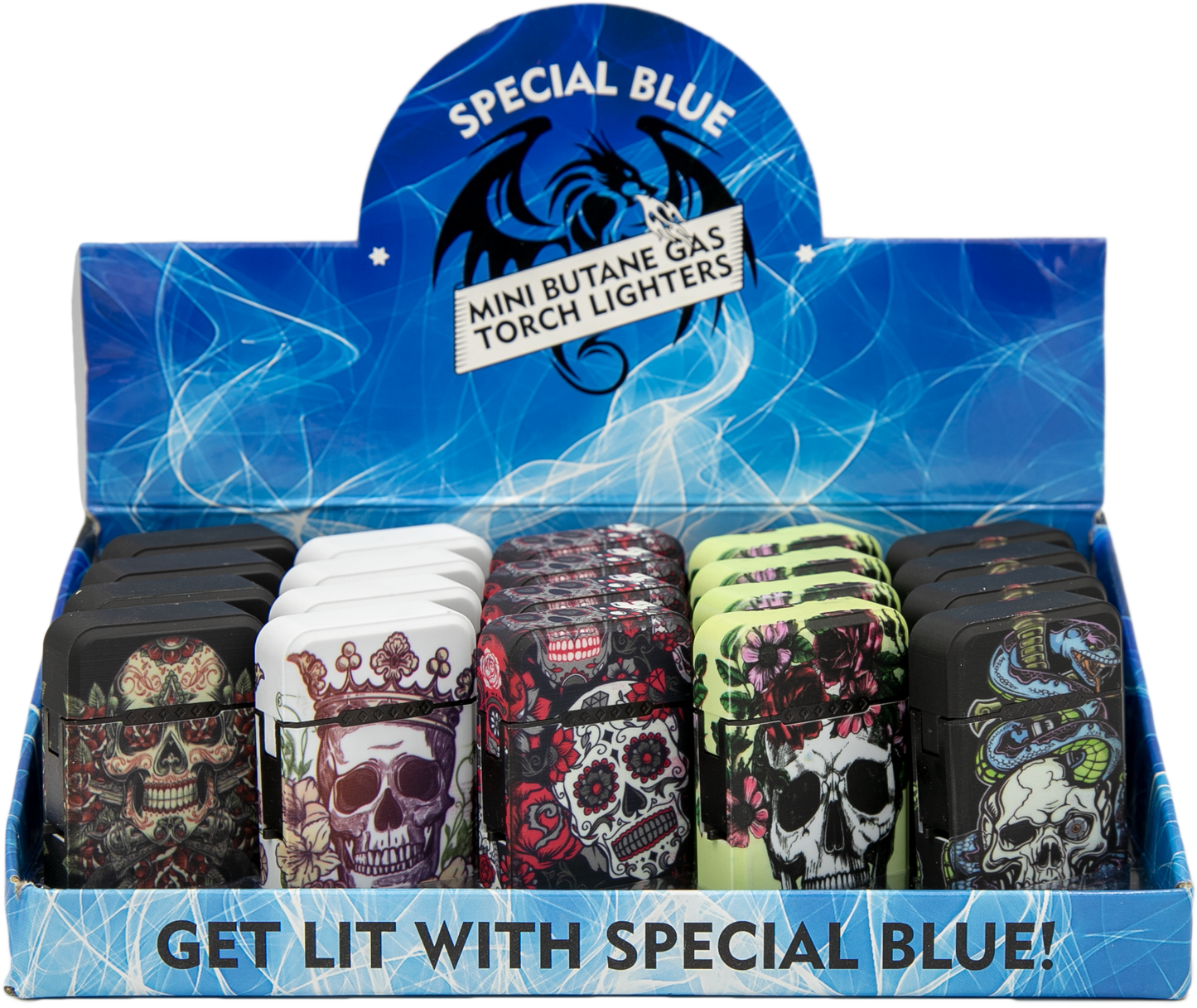Special Blue Skulls & Roses Mini Butane Gas Torch Lighters